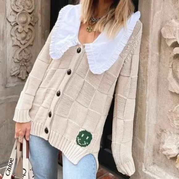 Ganni Smiley Poplin Collar Cardigan in Brazilian Sand - Picture 1 of 16